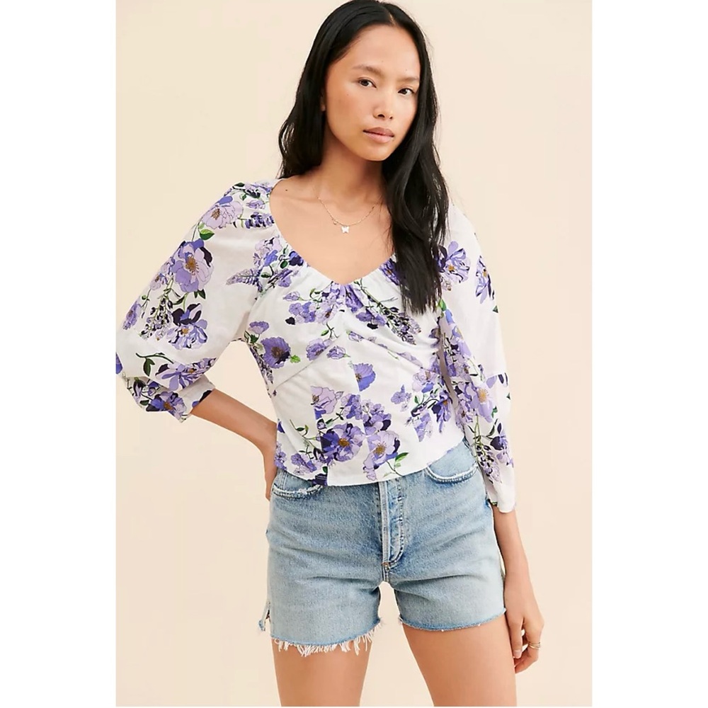 Anthropologie Floral V-Neck Ruched Knit Top
